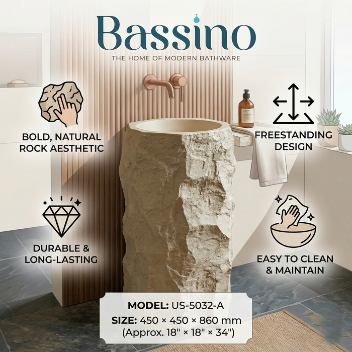 BASSINO Stone Finish Pedestal Basin – Designer Freestanding Wash Basin in Matt Ivory