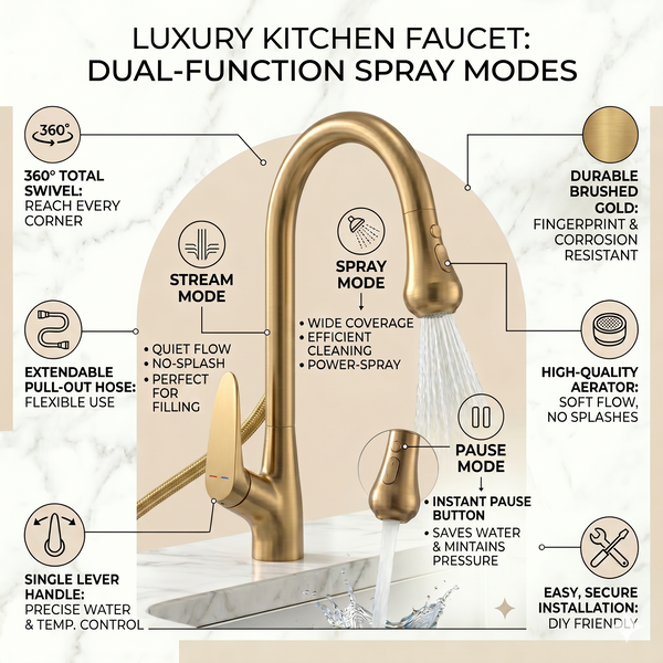 Premium 3-Function Kitchen Sink Mixer Tap – 360° Swivel | Multiple Finishes | 7-Year Warranty Brush Gold
