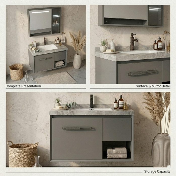 BASSINO Bathroom Vanity Cabinet Set – 32″ Plywood Vanity with Rock Slate Seamless Basin & 30″ LED Mirror Cabinet