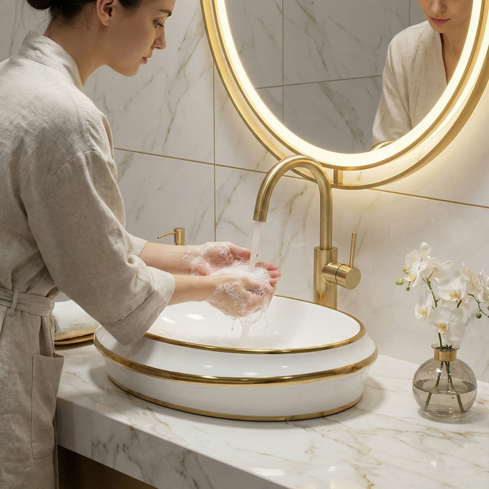 Bassino Luxury Round Counter Top Wash Basin with Gold Finish | Designer Table Top Basin | Approx. 23 × 16 × 6 Inches