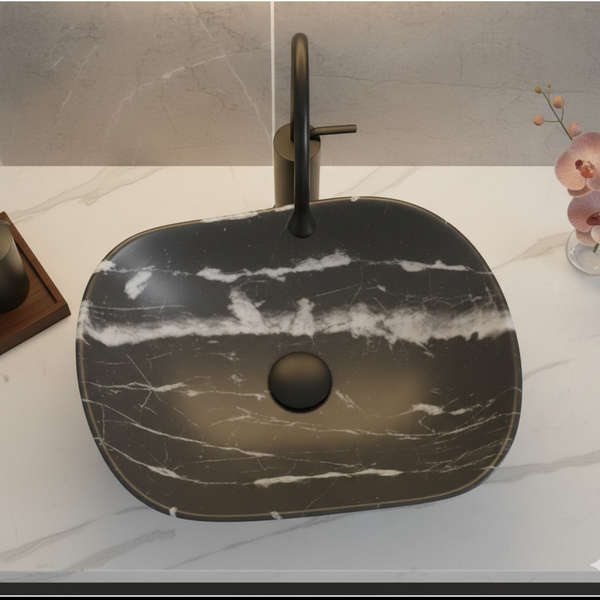 Premium Designer Ceramic Table Top Wash Basin, Matt Marble Finish (20 x 16 x 6.5 In) Black