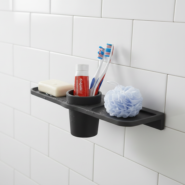 BASSINO Modern Double Soap Dish With Tumbler Holder-Glossy Black