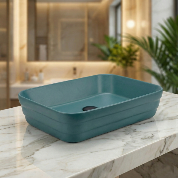 Rectangular Countertop Wash Basin | 20 × 14 × 5 Inches Designer Bathroom Sink – Glossy & Matte Finish Aqua Blue