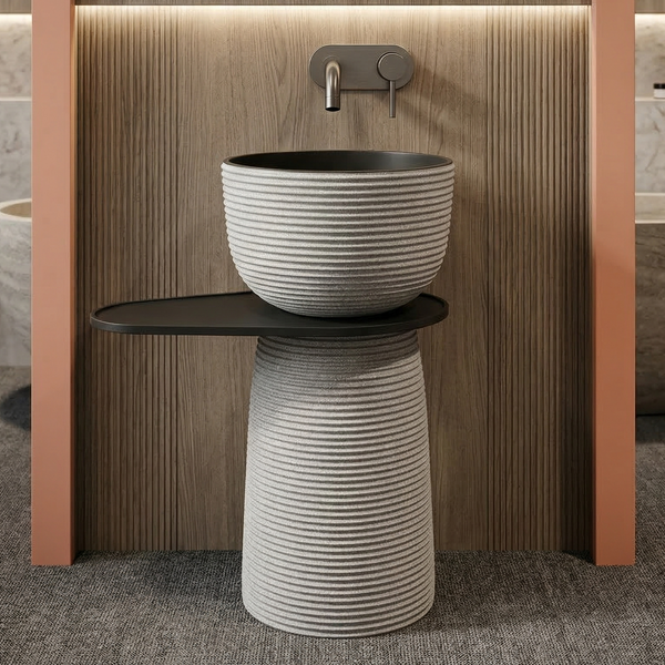 Luxury Pedestal Wash Basin with Side Shelf | Artificial Stone Freestanding Basin | Shivling Design - 23.5″ × 16″ × 34″ In Black-Grey