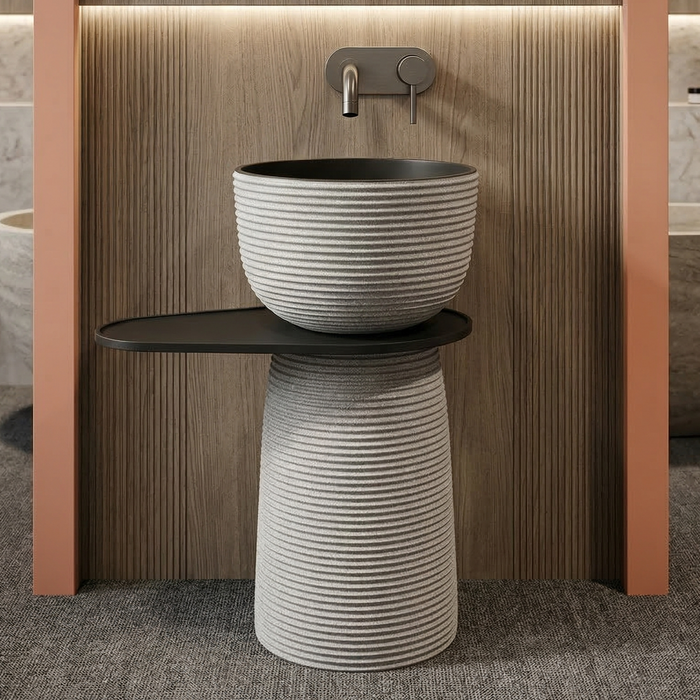 Luxury Pedestal Wash Basin with Side Shelf | Artificial Stone Freestanding Basin | Shivling Design - 23.5″ × 16″ × 34″ In Black-Grey