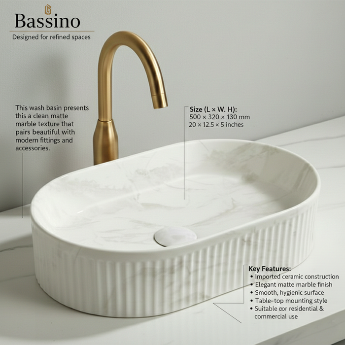 Bassino Matte Marble Table Top Wash Basin 20 × 12.5 × 5 Inches | Premium Imported Basin