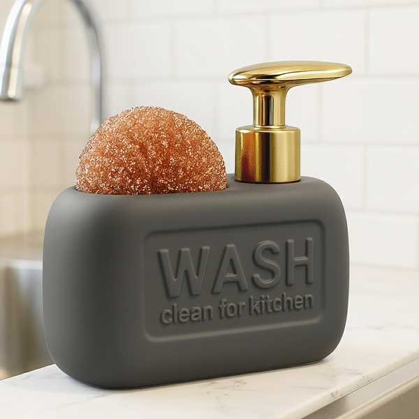 Ceramic Kitchen Liquid Soap Dispenser with Scrubber – Premium Sink Dishwashing Holder Grey
