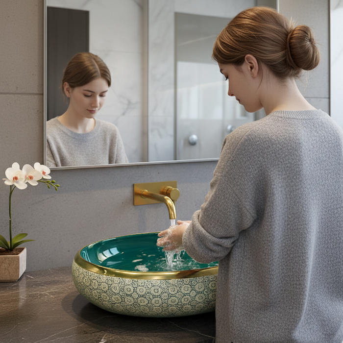 Designer Basin (Gold Rim, Emerald Green Interior, Blue Mosaic Pattern 24x16x6 In BTT-11560)