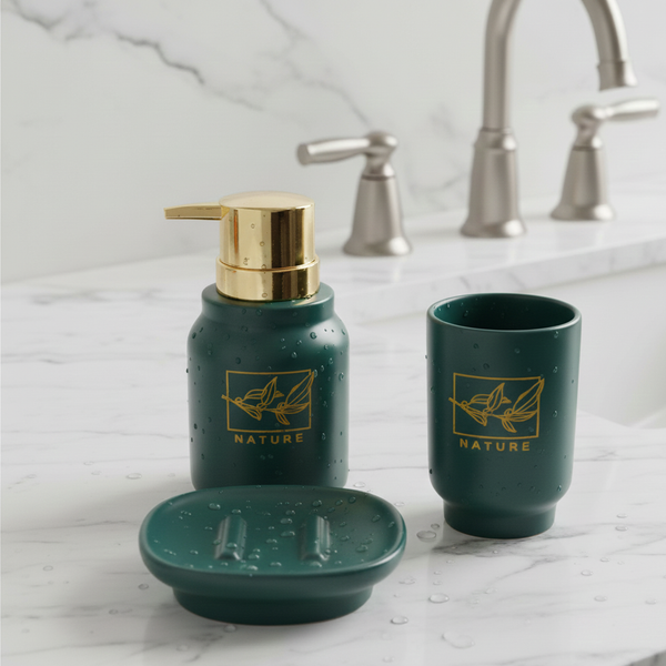 Ceramic 3-Piece Bathroom Accessory Set – Premium Gold Print Series Green