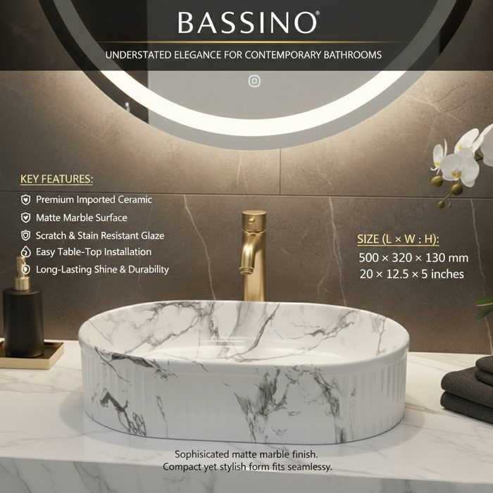 Bassino Matte Marble Table Top Wash Basin – 20 × 12.5 × 5 Inches | Imported Designer Basin