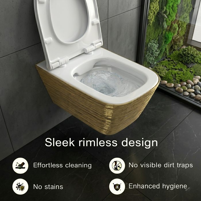 Bassino NCWH 1088 Wall Hung Toilet (21 x 14 x 5 Inches) – White Glossy Inside with Gold Texture Finish | Modern Designer WC
