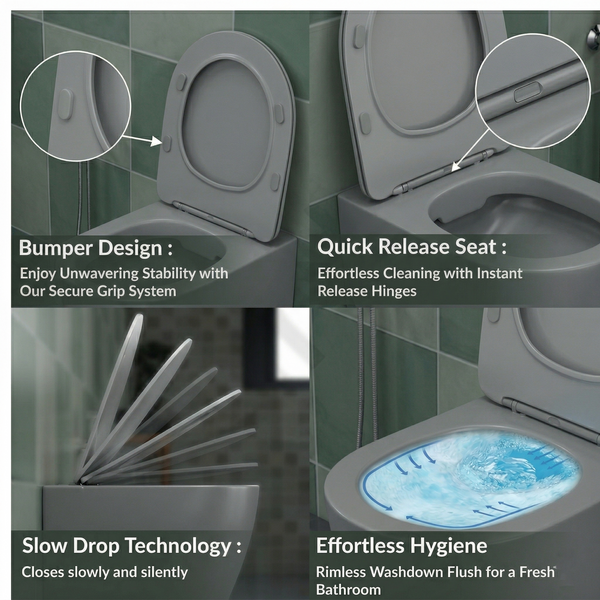 Bassino Full Matt Grey Wall Hung Toilet – Rimless WC with UF Seat Cover | 20.5 x 13.5 x 14.2 Inches