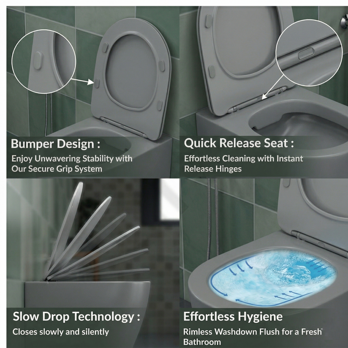 Bassino Full Matt Grey Wall Hung Toilet – Rimless WC with UF Seat Cover | 20.5 x 13.5 x 14.2 Inches