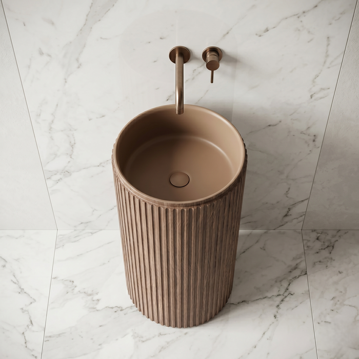 Bassino Wooden Texture Pedestal Basin – Artificial Stone (18×18×36 inch)