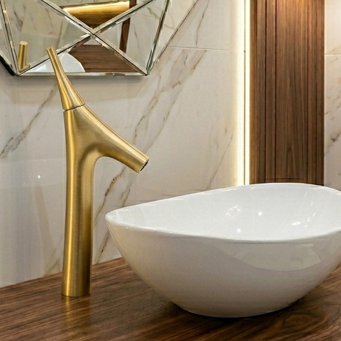 BASSINO Carlos Series Designer Basin Faucet – Single Cold Water Flow Brushed Gold Finish for Luxury Bathrooms