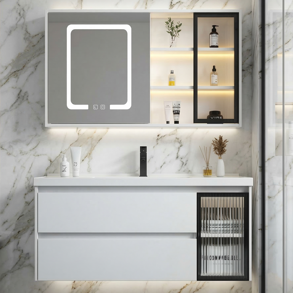 BASSINO Bathroom Vanity Cabinet Set – 40″ Plywood Vanity with Ceramic Basin & 38″ LED Mirror Cabinet