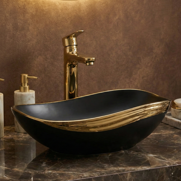 Bassino Luxury Counter Top Wash Basin in Gold & Rose Gold | Designer Table Top Basin | Approx. 20 × 14 × 6 Inches