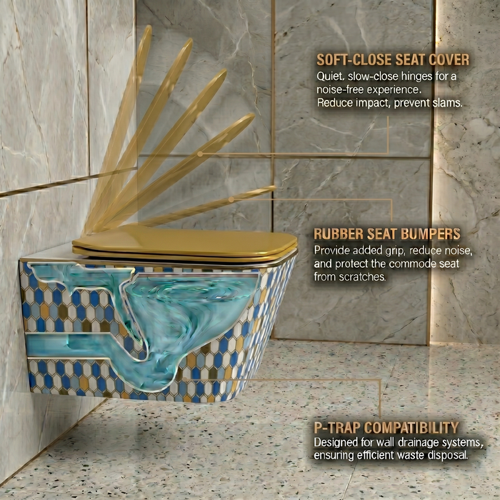 Bassino Designer Wall Hung Toilet (20.5 x 13.5 x 14 Inch) | Golden UF Seat Cover Rimless WC | Modern Commode