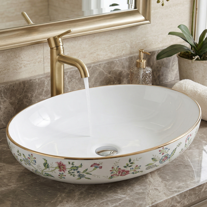 BASSINO Designer Table Top Basin – 20″ Floral Pattern Countertop Wash Basin in Glossy White (Size: 20″ × 15″ × 5″)