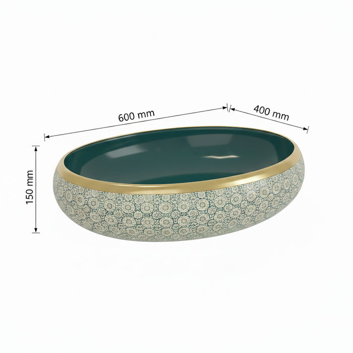 Designer Basin (Gold Rim, Emerald Green Interior, Blue Mosaic Pattern 24x16x6 In BTT-11560)