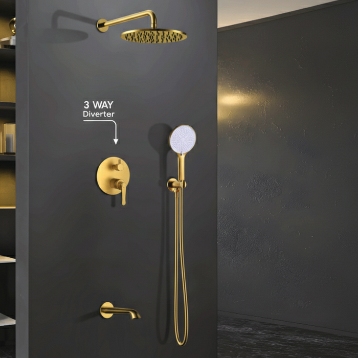 BASSINO Luxury Concealed Shower Set with Rain Shower, Hand Shower & Spout - 5 Years Warranty Brushed Gold