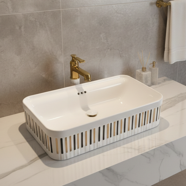 Bassino Luxury Designer Counter Top Wash Basin | Premium Rectangular Table Top Basin | Approx. 24 × 14 × 6 Inches