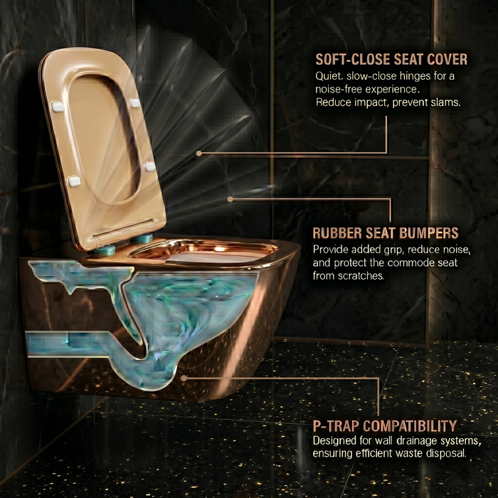 Bassino Wall Hung Toilet (21 x 13 x 14 Inches) – Rose Gold Rimless WC with UF Seat Cover | Luxury Designer Toilet