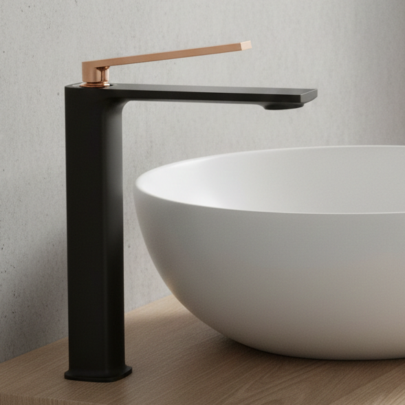 Premium Brass Tall Basin Mixer Faucet, Black Body with Rose Gold Handle (Hot & Cold) NCGF-510 – 5 Years Warranty