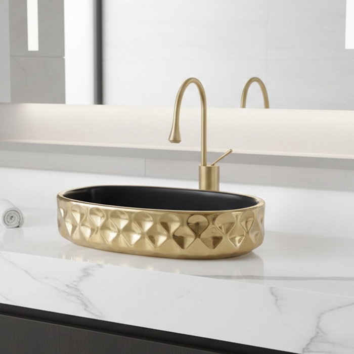 Bassino Luxury Table Top Wash Basin  – 20 × 12.5 × 5.5 Inches | Glossy Black & Gold Imported Basin