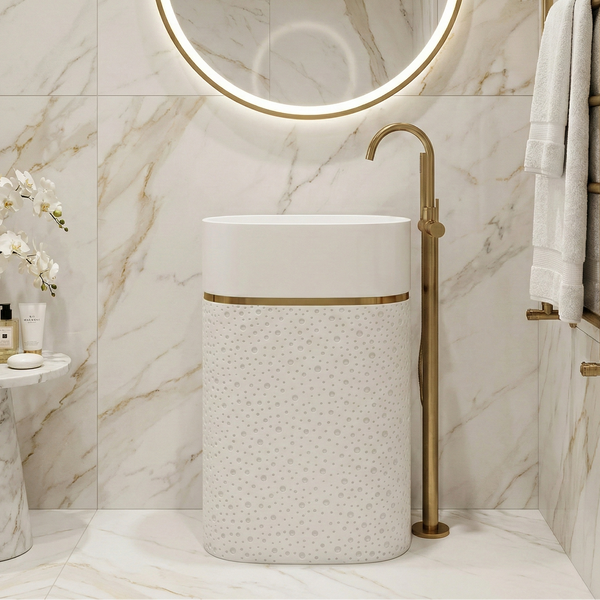 Luxury Artificial Pedestal Basin with Gold Accent | Designer Freestanding Wash Basin | 21 × 15 × 36 In White