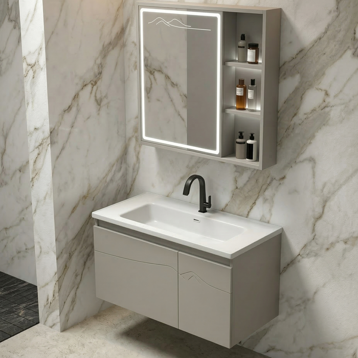 BASSINO Bathroom Vanity Cabinet Set – 24″ Plywood Vanity with Ceramic Basin & 23″ LED Mirror Cabinet
