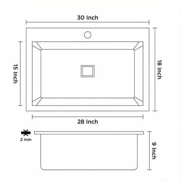 Handmade SS 304 Grade Single Bowl Kitchen Sink, Matte Finish, 30x18x9 In, 25 Years Warranty