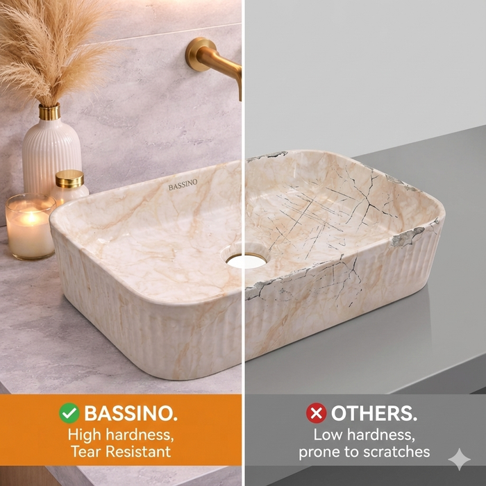 Bassino Glossy Marble Table Top Wash Basin 20 × 13.5 × 5 Inches | Imported Premium Basin BTT-11823