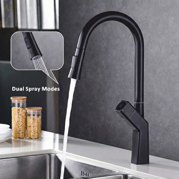 BASSINO KOSTA Smart Kitchen Faucet – Pull-Out Spray with Digital Temperature Display | Hot & Cold | 3 Years Warranty Black