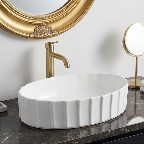 Plain White Glossy Finish Oval Countertop Bathroom Sink Wash Basin (22" × 14" × 6" IN)
