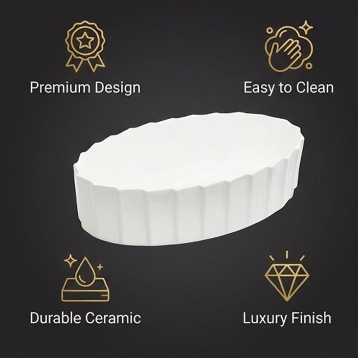 Plain White Glossy Finish Oval Countertop Bathroom Sink Wash Basin (22" × 14" × 6" IN)