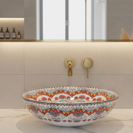 Designer Round Ceramic Countertop Basin (Multicolor Pattern  16 x 16 x 5 In- AB674)