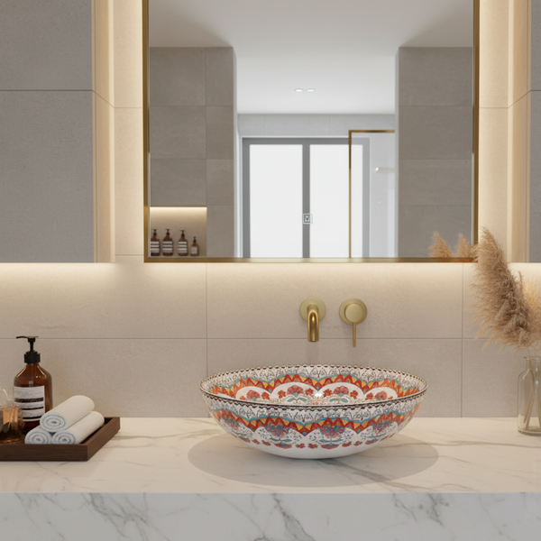 Designer Round Ceramic Countertop Basin (Multicolor Pattern  16 x 16 x 5 In- AB674)