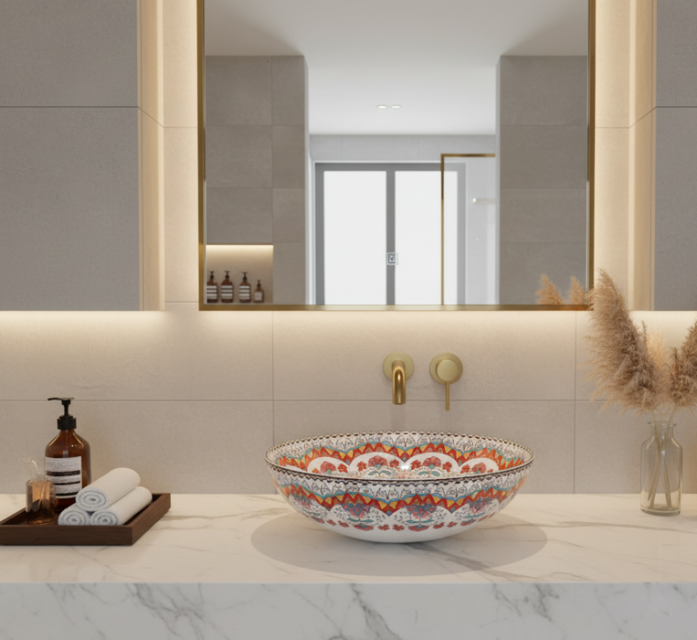 Designer Round Ceramic Countertop Basin (Multicolor Pattern  16 x 16 x 5 In- AB674)