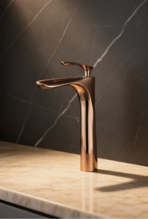 BASSINO Extended body Brass Bathroom Sink Wash Basin Mixer Tap Single Handle Hot & Cold Waterfall Lavatory Sink Faucet for Living Room & Bathrooms (ROSEGOLD)