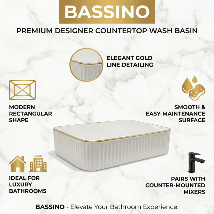 Bassino Luxury Counter Top Wash Basin with Gold Line | Designer Table Top Basin | Approx. 20 × 15 × 7 Inches
