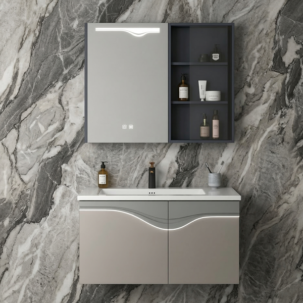 BASSINO Bathroom Vanity Cabinet Set – 32″ Plywood Vanity with Ceramic Basin & 30″ LED Mirror Cabinet