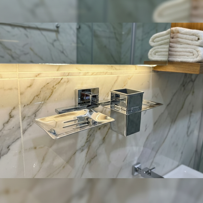 BASSINO Stylish Soap Dish & Toothbrush Tumbler For Bathroom/office/home/hotels-Brass,Glossy Finish