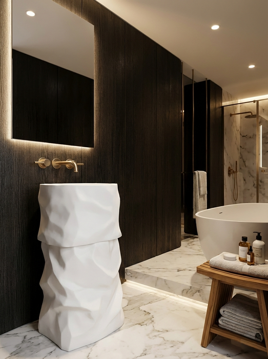 Luxury Sculpted Artificial Pedestal Basin | Designer Freestanding Wash Basin | 20 × 20 × 36 In - ZXPB/67