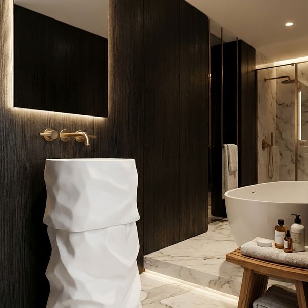 Luxury Sculpted Artificial Pedestal Basin | Designer Freestanding Wash Basin | 20 × 20 × 36 In - ZXPB/67