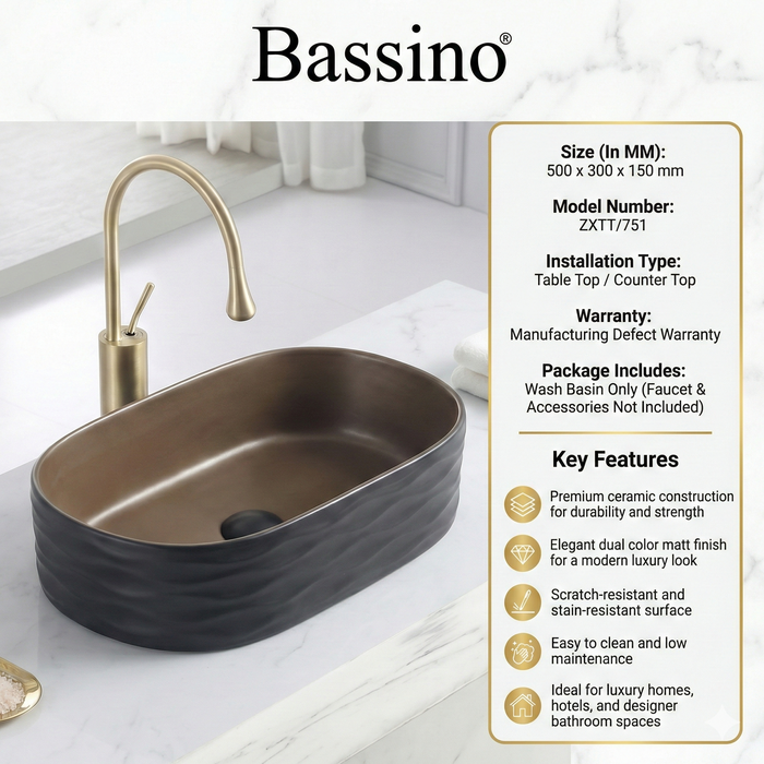 Premium Designer Ceramic Table Top Wash Basin, Dual Color Matt (20 x 12 x 6 In) ZXTT/751