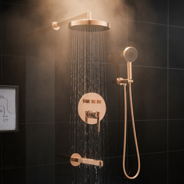 BASSINO PURE Concealed Shower Set – 3 Way Diverter with Overhead, Hand Shower & Spout | Rose Gold