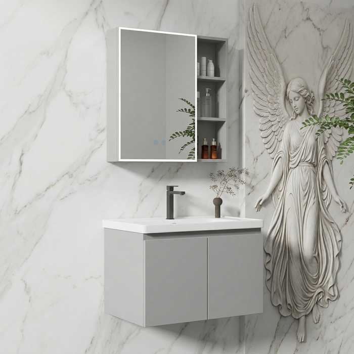 BASSINO Bathroom Vanity Cabinet Set – 32″ Wall Mounted Stainless Steel & Aluminum Vanity with Ceramic Basin & LED Mirror Cabinet