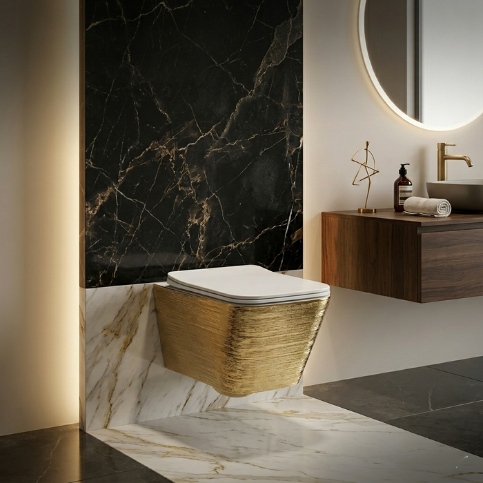 Bassino NCWH 1088 Wall Hung Toilet (21 x 14 x 5 Inches) – White Glossy Inside with Gold Texture Finish | Modern Designer WC