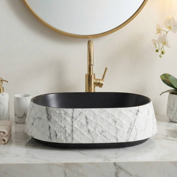 Premium Designer Ceramic Table Top Wash Basin, Matt Marble Finish (20 x 15 x 5 In) EQP-1046